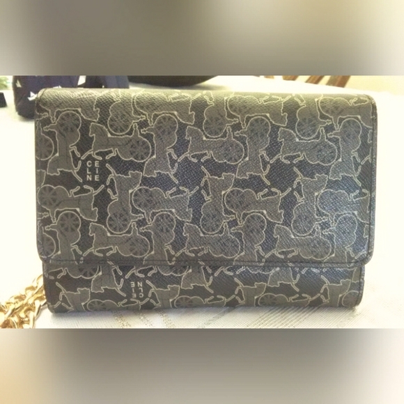 LIKE NEW CELINE WALLET/PURSE BROWN & BLACK W/ HORSE & CARRIAGE ADDED CHAIN ROOMY - Picture 1 of 9
